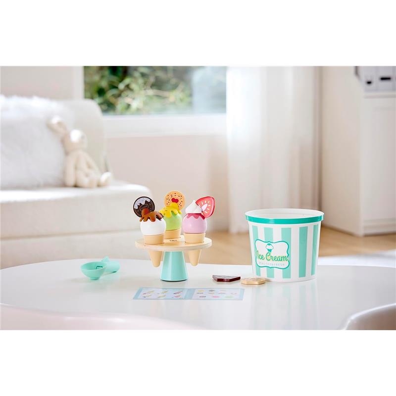 Colorful ice cream cones on a stand, featuring various toppings, with an ice cream bucket and toy scoop nearby.