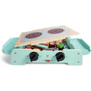 Toy griddle and grill BBQ set by Hape, featuring two burners, knobs for settings, and colorful wooden food items inside.