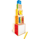 Colorful Hape Stacking Music Set features musical elements like xylophone, bell, and drum, designed for interactive play.