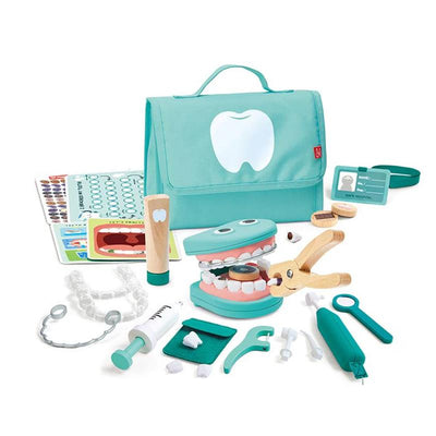 Hape Super Smile Dental Clinic Set includes a dental kit with a toy mouth, toothbrush, toothpaste, dental tools, and a carry bag.