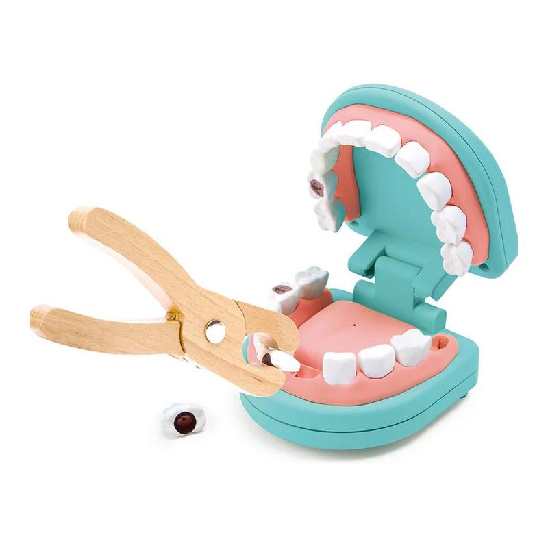 Colorful dental playset featuring a mouth model with removable teeth and a wooden pliers for educational role-play.