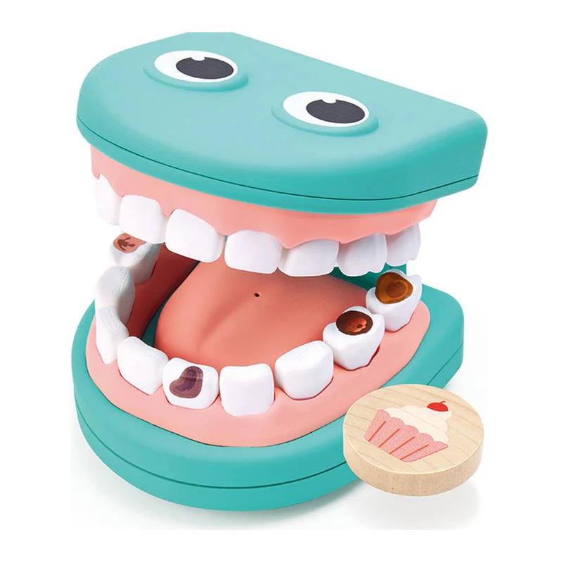 Hape Super Smile Dental Clinic Set features a colorful, open-mouth dental model with removable teeth showing cavities and a sweet treat token.