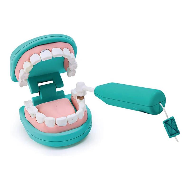 Hape Super Smile Dental Clinic Set with a model mouth showing teeth and a toothbrush for dental play.