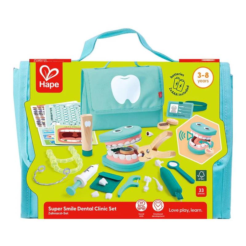Hape Super Smile Dental Clinic Set displayed with a turquoise bag, dental tools, toy teeth, and accessories for imaginative play.