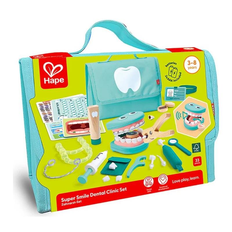 Hape Super Smile Dental Clinic Set with a green and blue carrying case, featuring dental tools and a learning model of teeth.