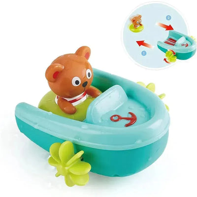 Hape Tubing Pull-Back Boat Bath Toy features a bear in a turquoise boat with green accents, designed for playful water fun.