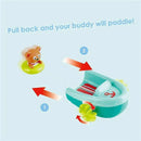 Pull-back boat toy featuring a bear in a float, demonstrating movement action with arrows and playful design.