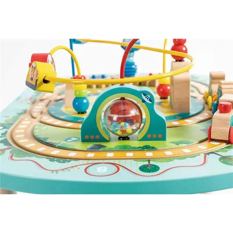 Colorful wooden Twisting Railway Maze Table featuring bead mazes, a funnel, and various playful elements for early childhood development.