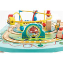 Colorful wooden Twisting Railway Maze Table featuring bead mazes, a funnel, and various playful elements for early childhood development.