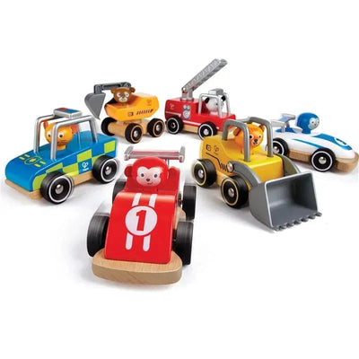 Colorful Hape Wild Rider vehicles, including a red race car with a monkey figure, a yellow bulldozer, and other toy cars.