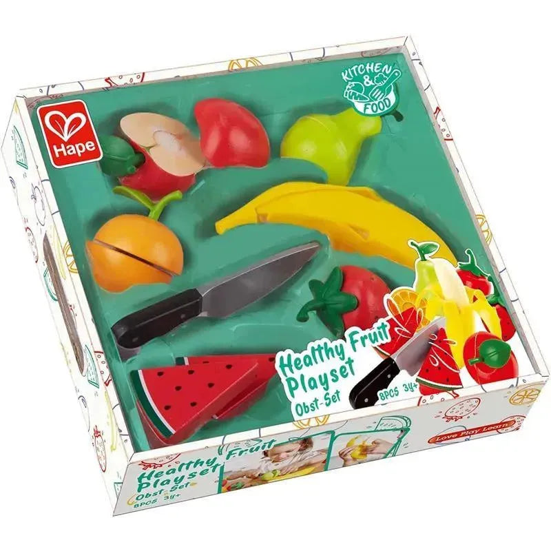 Hape wooden healthy cutting play fruits set includes various colorful fruit pieces and a knife, packaged in a decorative box.