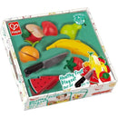 Hape wooden healthy cutting play fruits set includes various colorful fruit pieces and a knife, packaged in a decorative box.