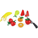 Wooden play fruits including a banana, strawberries, a pear, and a watermelon, with a toy knife for cutting.