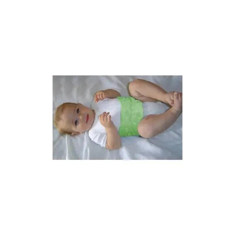 Baby lying on a white surface, wearing a white onesie with a green Happi Tummi herbal wrap around the tummy.