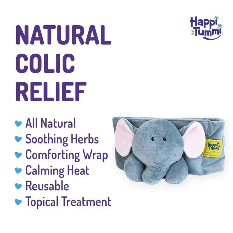 Happi Tummi Elphi waistband features a soft elephant plush and offers natural colic relief with soothing herbs, reusable for calming heat.