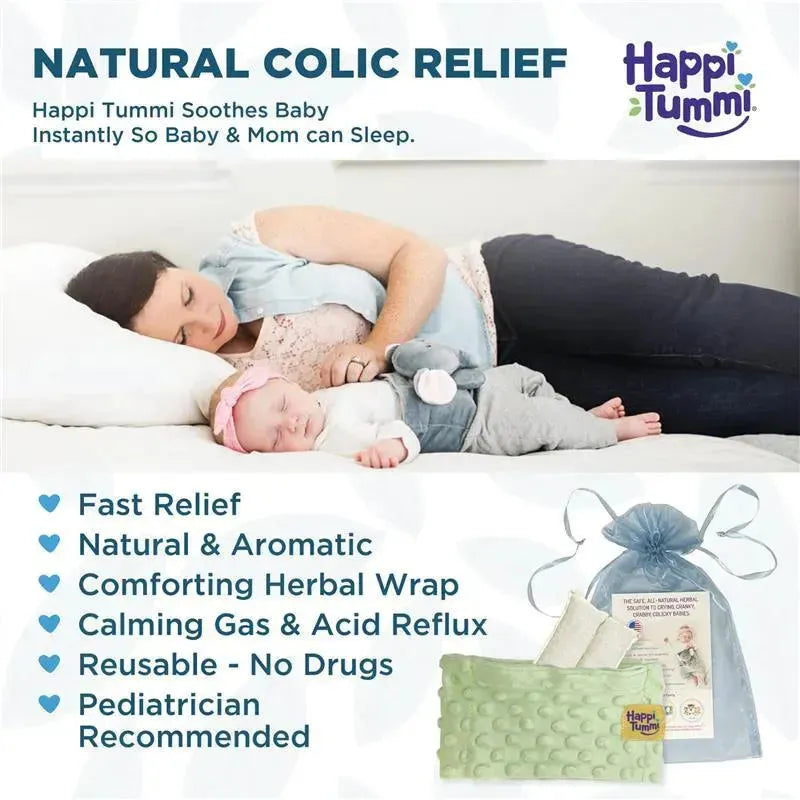 Happi Tummi blue aromatherapy wrap for babies shown with a mother and sleeping infant, emphasizing natural colic relief.