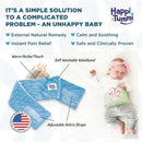 A sleeping baby wearing a Happi Tummi aromatherapy wrap, featuring a blue pouch, adjustable straps, and a soft waistband.