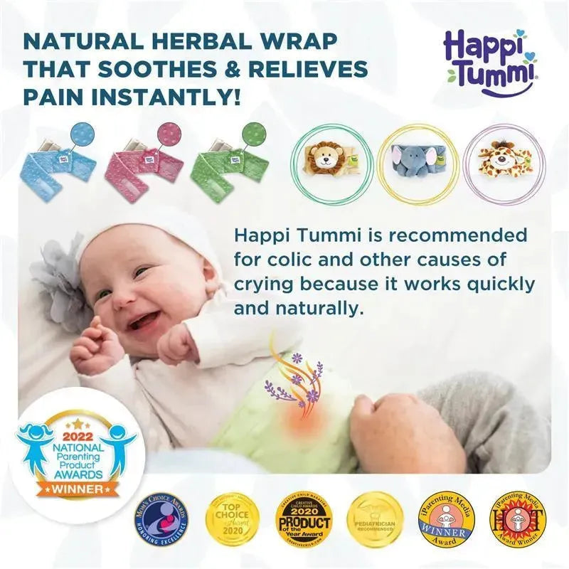 Happi Tummi aromatherapy wrap for babies displayed alongside a smiling infant holding the wrap, promoting colic relief.