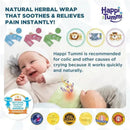 Happi Tummi aromatherapy wrap for babies displayed alongside a smiling infant holding the wrap, promoting colic relief.