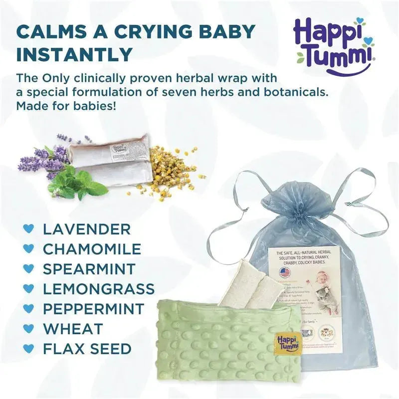 A green aromatherapy wrap for babies, featuring herbs like lavender and chamomile, in a packaging with important text.
