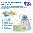 A green aromatherapy wrap for babies, featuring herbs like lavender and chamomile, in a packaging with important text.