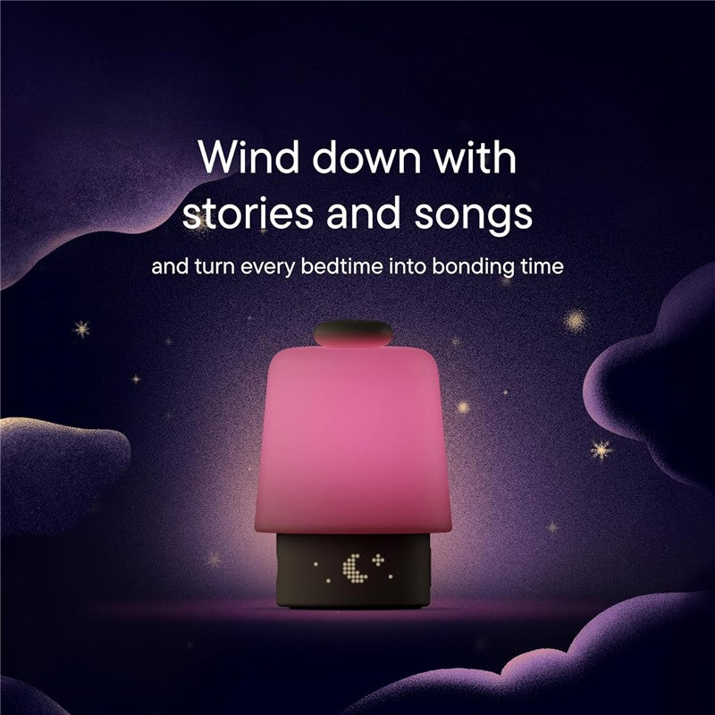 Hatch Baby Sleep Support product in greige, featuring a soft pink light and a nighttime design with calming clouds and stars.