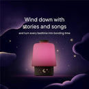Hatch Baby Sleep Support product in greige, featuring a soft pink light and a nighttime design with calming clouds and stars.