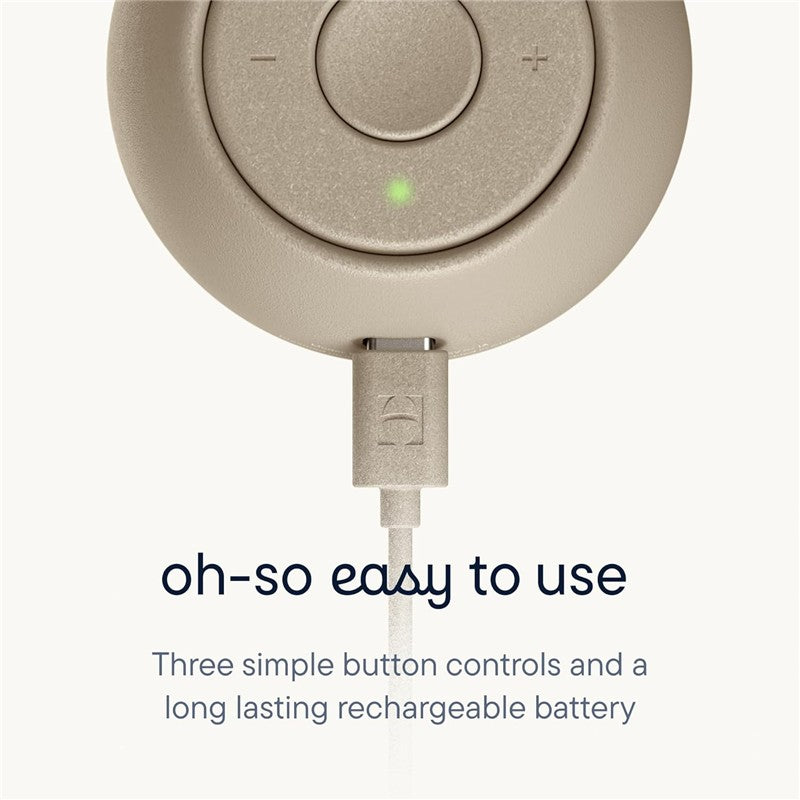 Hatch Go Portable Sound Machine in greige color showing button controls and charging port, with text highlighting ease of use.