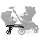 Orbit Baby Helix+ Double Stroller Attachment with two baby seats displayed, showcasing the black frame and wheels.