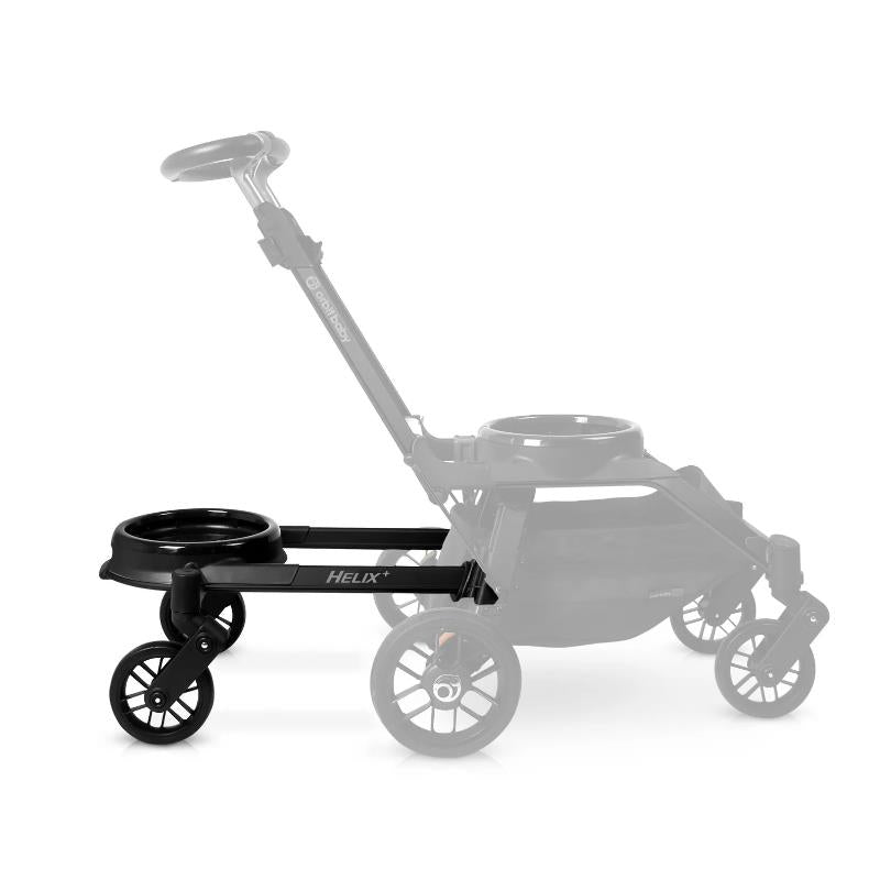 Helix+ Double Stroller Attachment by Orbit Baby, featuring a sleek black design with wheels and a detachable cup holder.