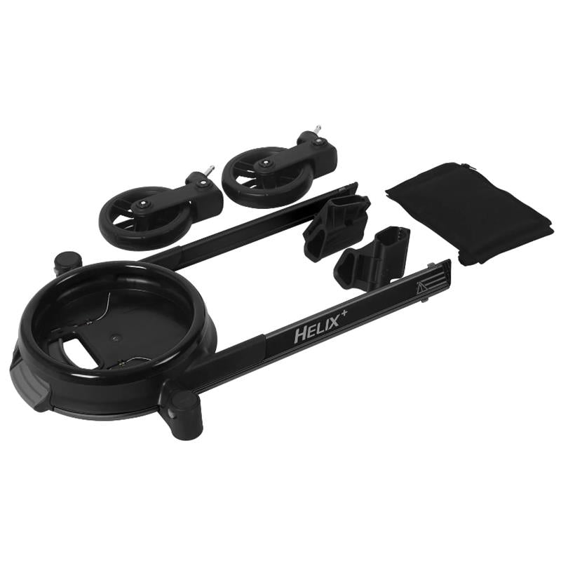 Helix+ Double Stroller Attachment components including wheels, frame, connectors, and a storage pouch, all in black.