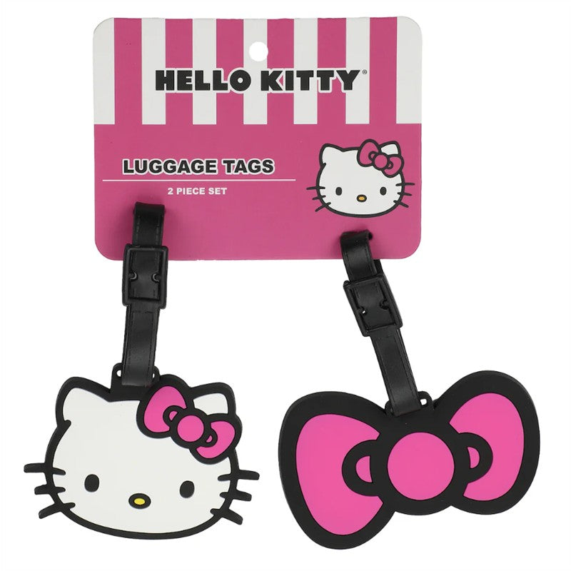Hello Kitty 2pc youth luggage tag set featuring molded rubber designs: a Hello Kitty face and a bow, both with black straps.