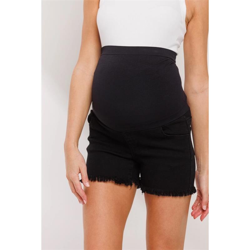 Frayed black denim maternity shorts with a full panel, worn by a woman showing her pregnant belly.