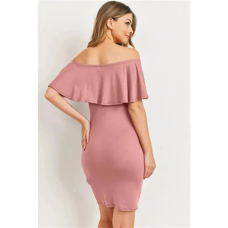 Hello Miz - Off Shoulder Ruffled Maternity Mini Dress, Mauve Image 2
