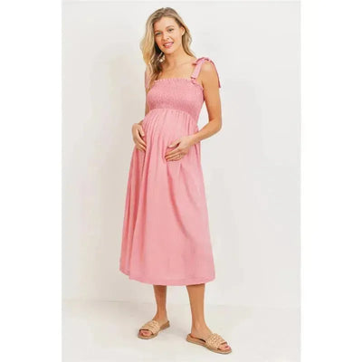 Hello Miz - Smocked Tie-Shoulder Maternity Midi Dress, Pink Image 1