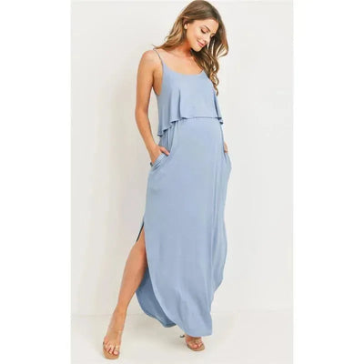 Hello Miz - Solid Maternity Nursing Maxi Dress, Chambray Image 1