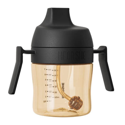 Black Heorshe 10oz dental-care sippy cup with measuring markings, handles, and a soft spout for ages 9 months and older.