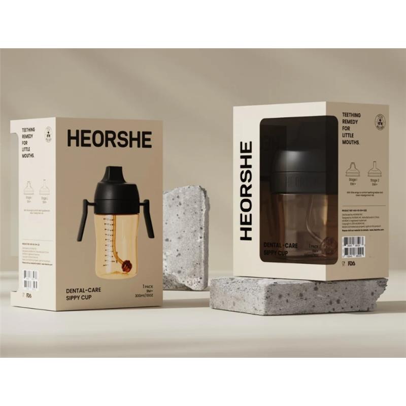 Heorshe Dental-Care Sippy Cup, 10oz/300ml, in black, displayed in packaging with details visible on the box.