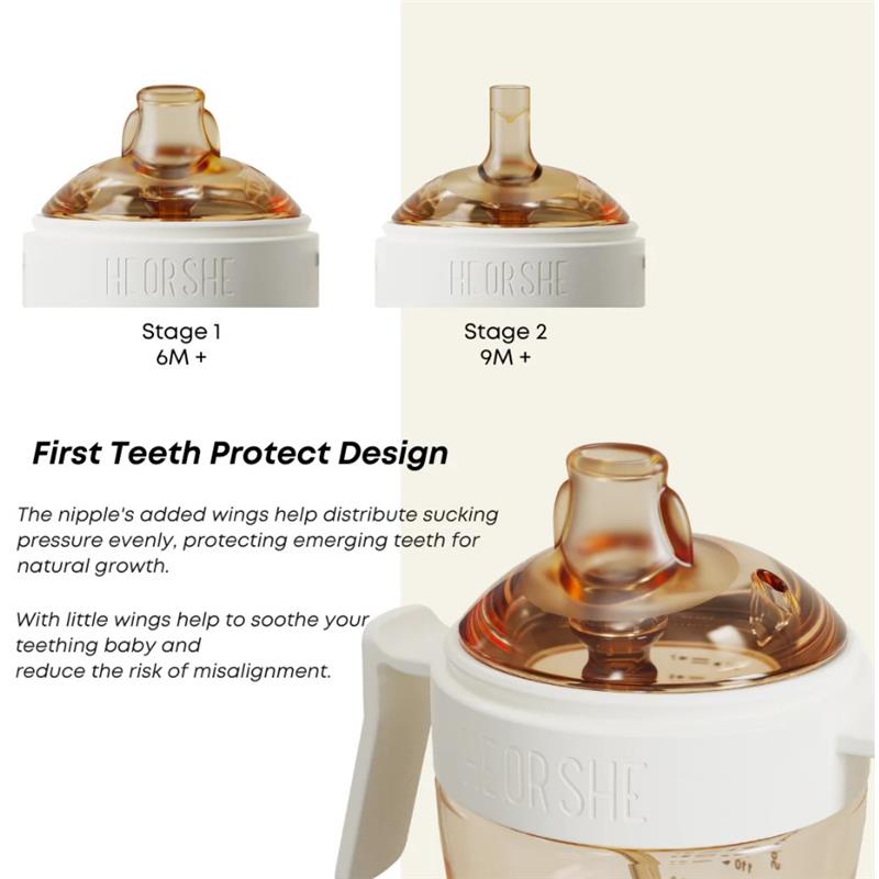 Heorshe black dental-care sippy cup, 10oz, showing two stages of nipples for 6M+ and 9M+ with text describing design benefits.