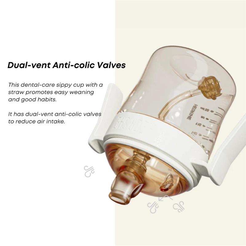 Dental-care sippy cup in black with straw, featuring dual-vent anti-colic valves and measurement markings.