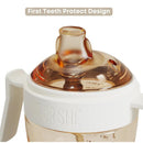 Dental-care sippy cup by Heorshe, 7oz capacity, features a protective spout design for first teeth, in white and transparent colors.