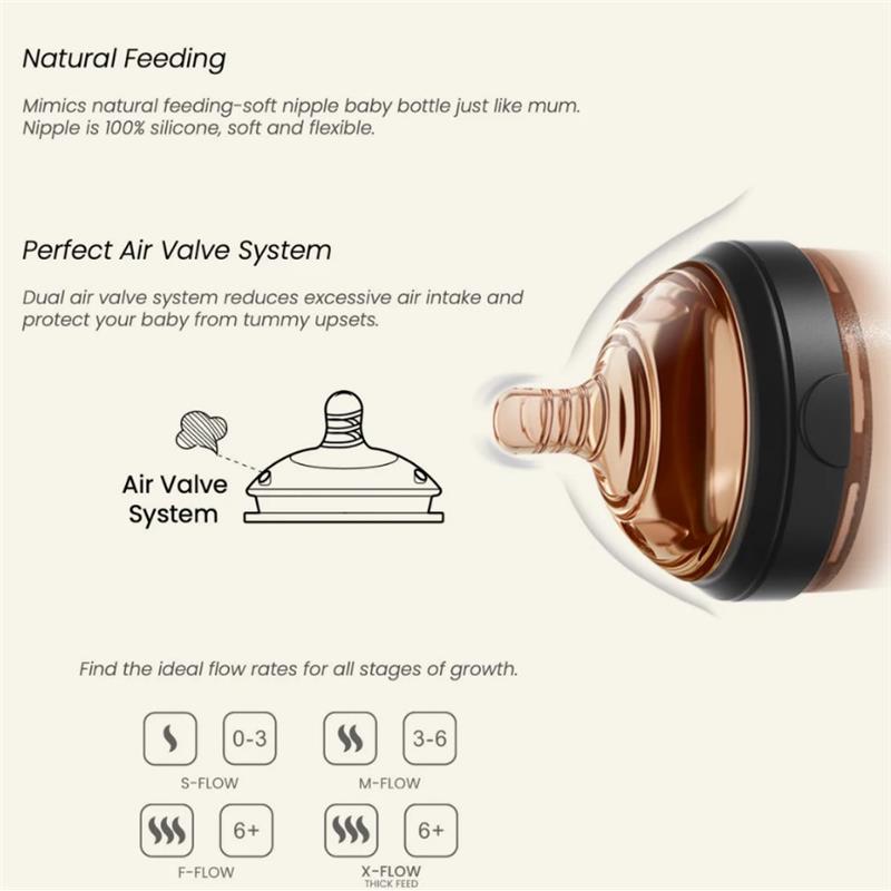 Ultra wide neck baby bottle in black with a soft silicone nipple, featuring an air valve system for reduced air intake.