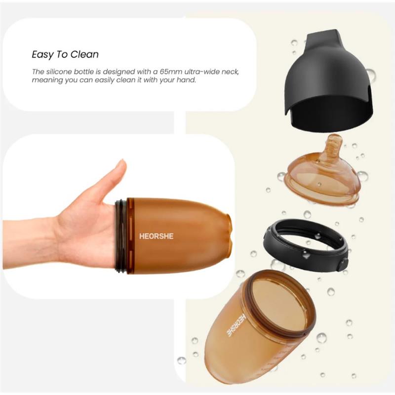 Ultra-wide neck silicone baby bottle by Heorshe, 5oz/160ml, shown in hand with separate lid and components.
