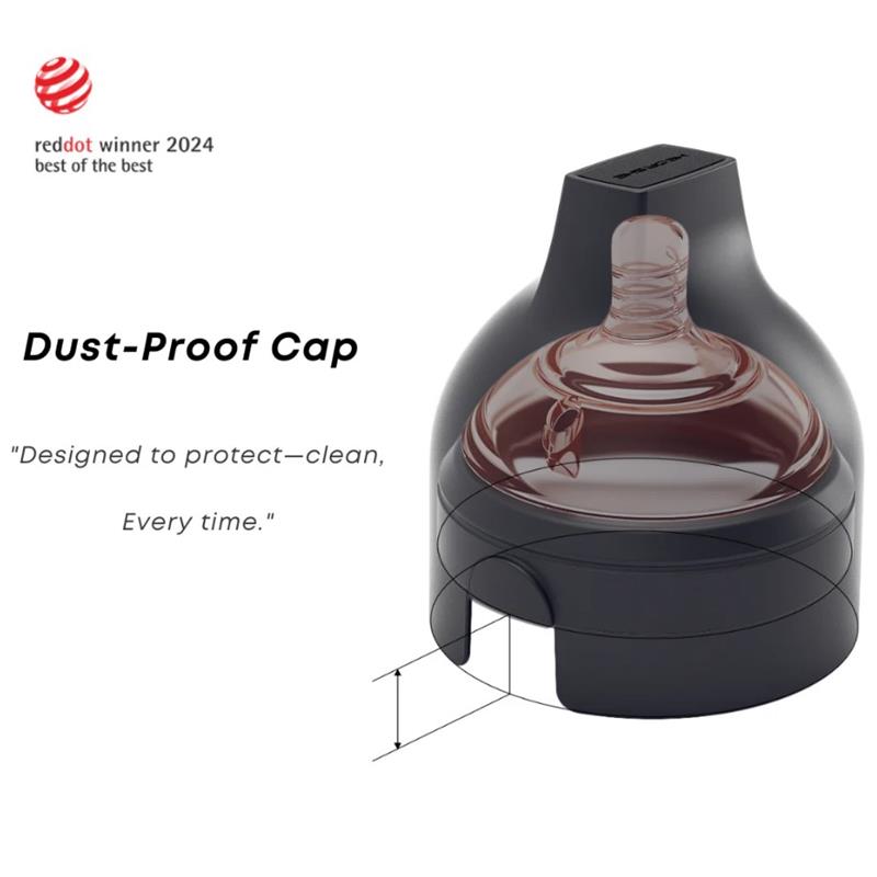 Heorshe Ultra Wide Neck Baby Bottle with a dust-proof cap, featuring a clear lid design and protective labeling.
