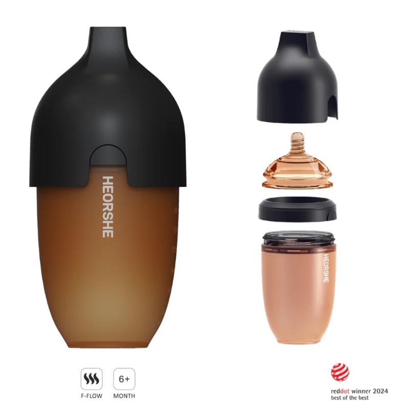 Uitra Wide Neck Baby Bottle by Heorshe, 8Oz/240Ml, black with interchangeable components and F-flow nipple, recommended for 6+ months.
