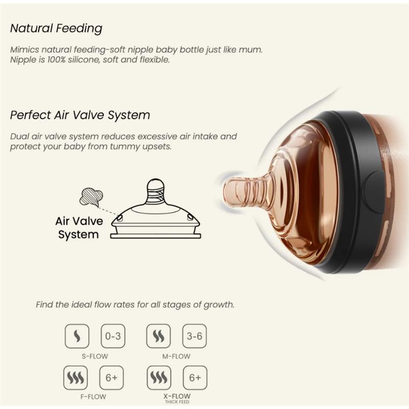 Ultra wide neck baby bottle by Heorshe, 8oz/240ml in black, featuring a soft silicone nipple and air valve system.