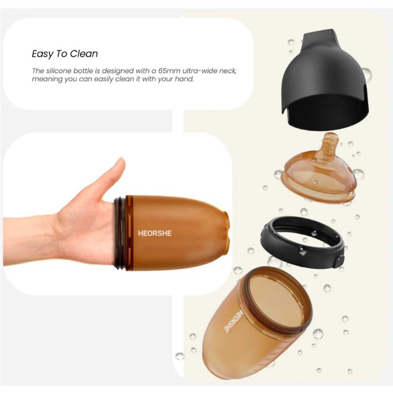 Ultra wide neck silicone baby bottle by Heorshe, 8oz, shown in hand with detachable components displayed around it.