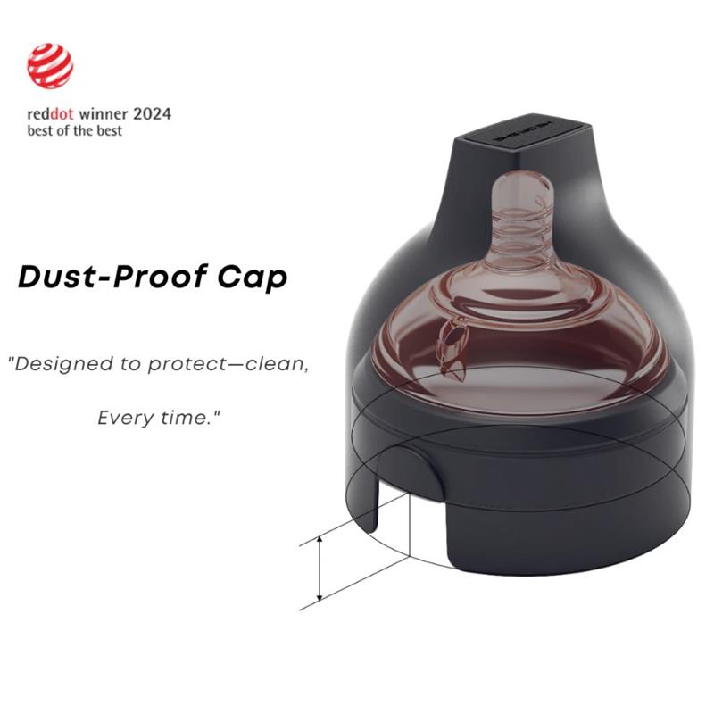 Dust-proof cap for Heorshe ultra wide neck baby bottle, showcasing protection features with a design statement visible.