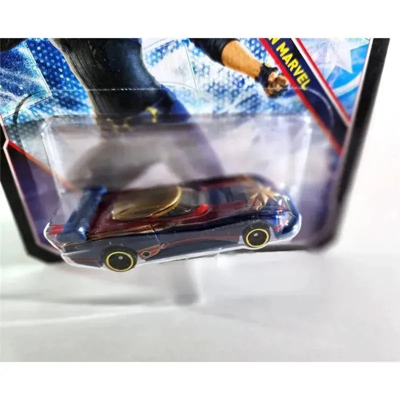 Hot Wheels Marvel character car featuring Captain Marvel, showcasing red and blue design with gold accents.
