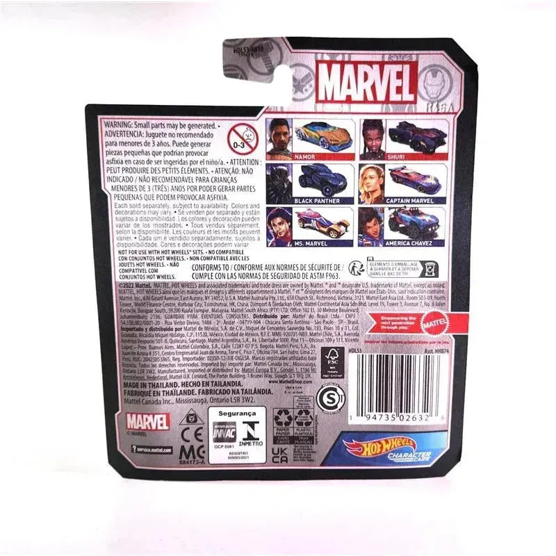 Hot Wheels Marvel Character Cars packaging featuring Captain Marvel with images of other characters like Black Panther and Ms. Marvel.